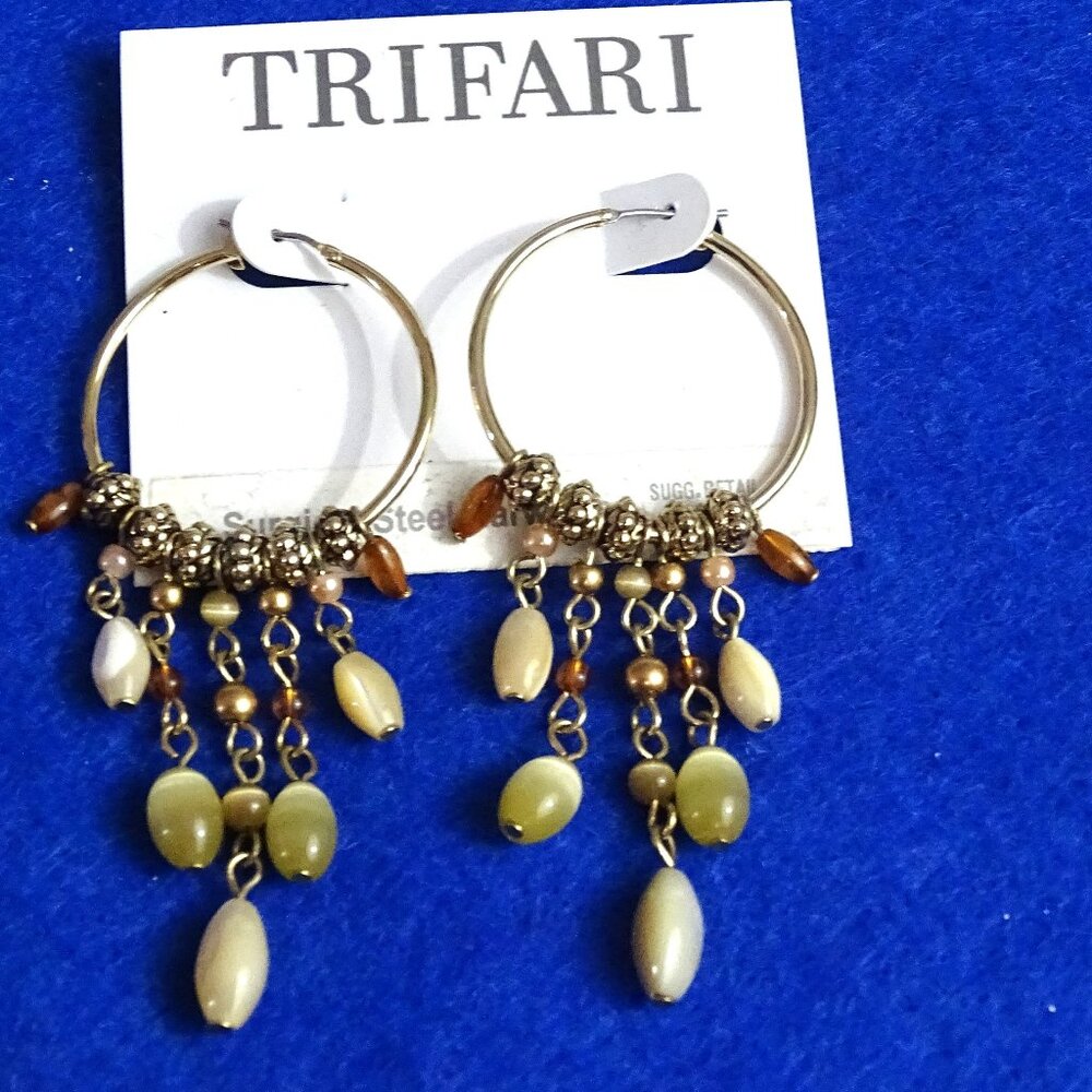Trifari Gold Tone Hoop Earrings with Hanging Beads Never Worn